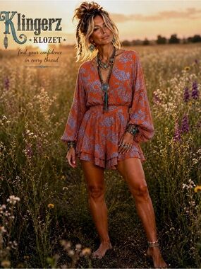 Rust Floral Tiered Wrap romper with Blue Print